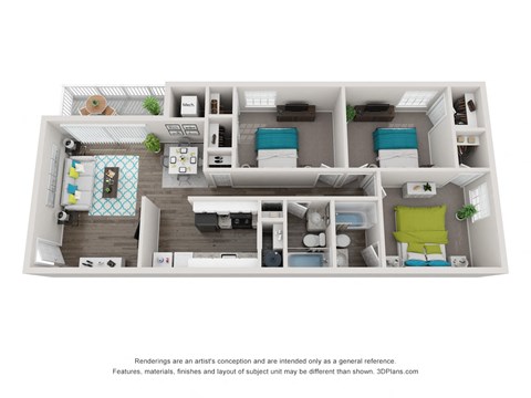 a stylized floor plan of a 1 bedroom apartment